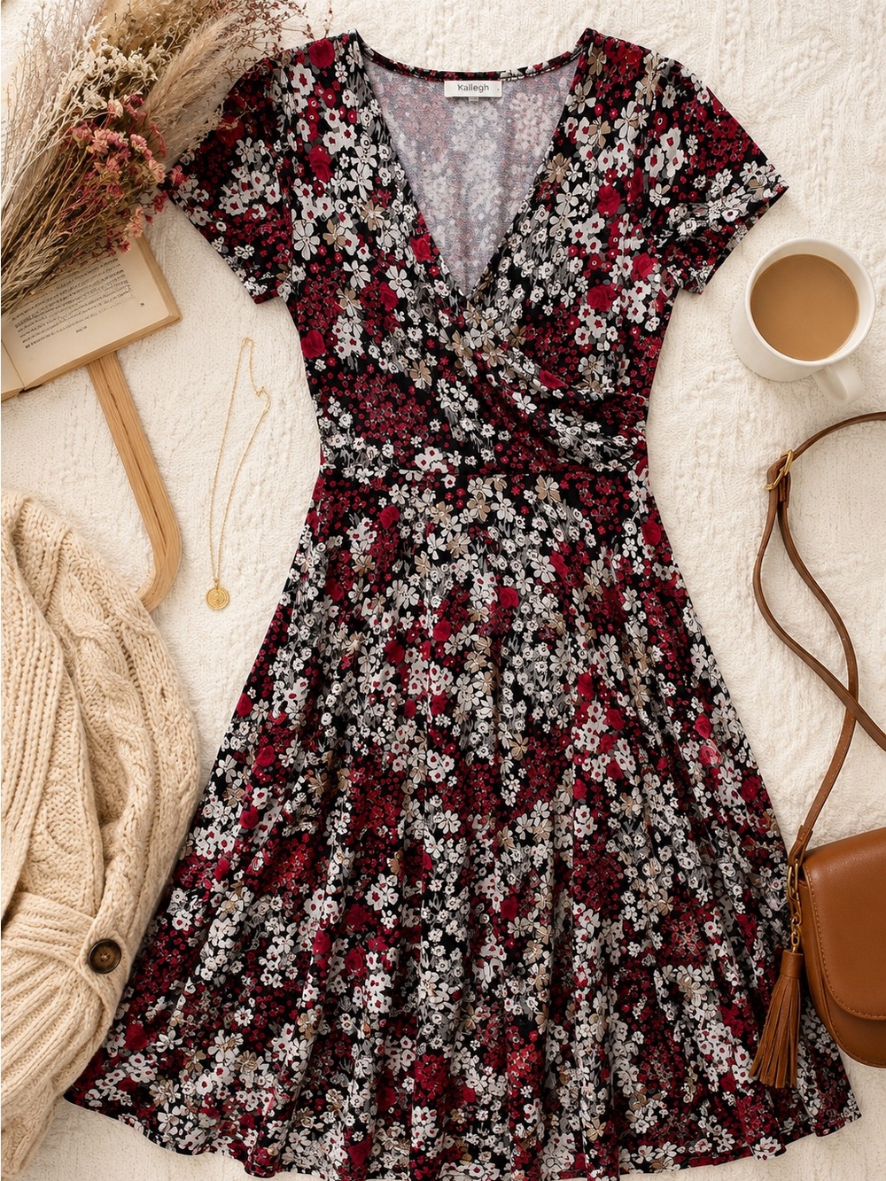 Kaileigh Floral Faux Wrap Dress Medium Red Black Cottagecore Romantic